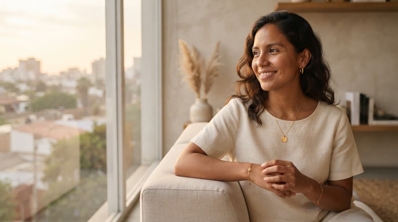 Mujer sonriendo junto a la ventana, con un dije, argollas y una pulsera doradas